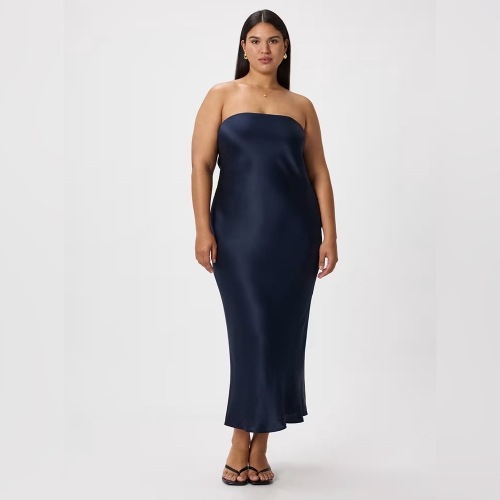 Quince Midnight Blue 100% Washable Silk Strapless Midi Dress – NWT – Size L - Picture 13 of 15